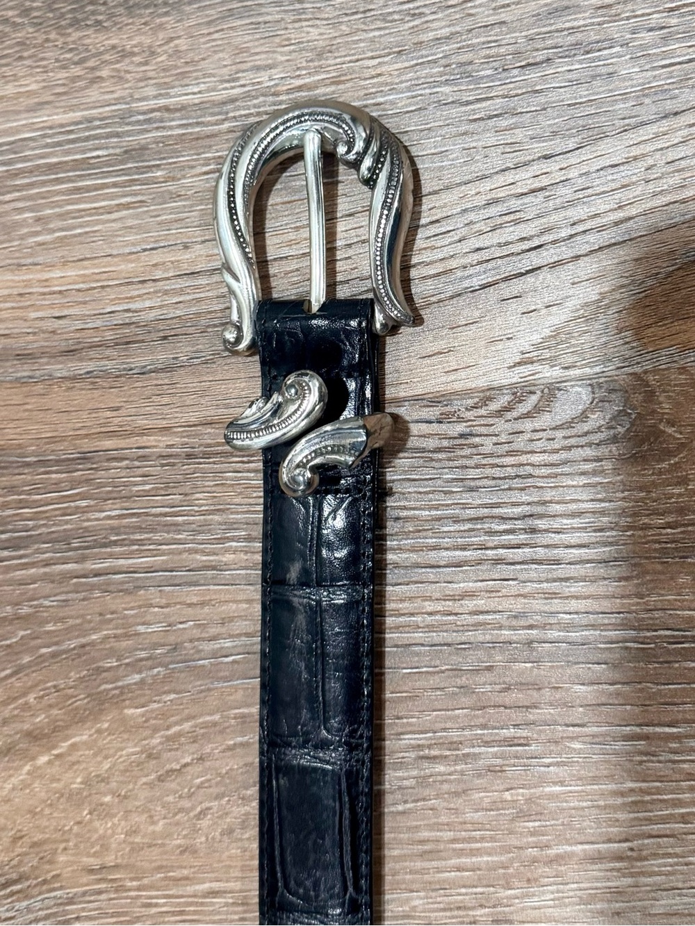 Brighton Black Croc-Embossed Leather Belt with Ornate Silver Buckle
